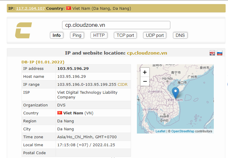 Trang quản trị Hosting cPanel của Cloudzone có địa chỉ máy chủ tại Việt Nam