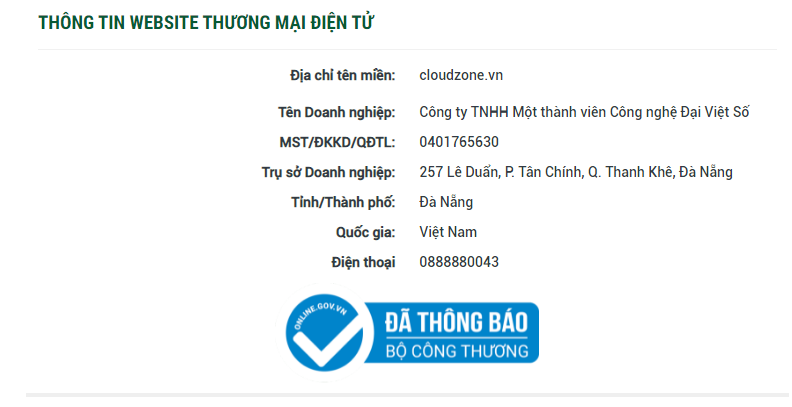Cloudzone.vn là trang web đã đăng ký với Bộ Công Thương (giao diện tại online.gov.vn)