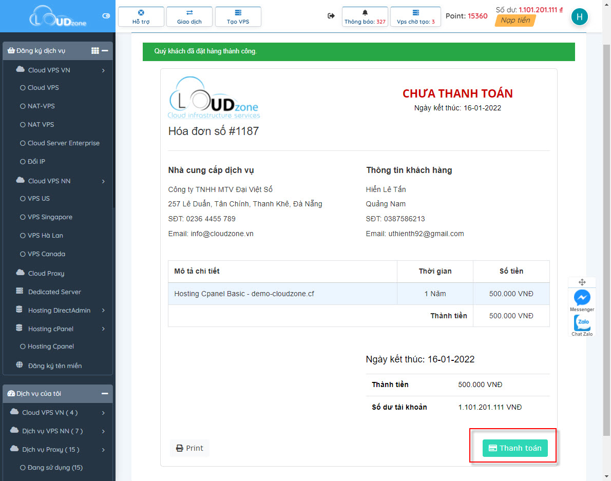 Thanh toán một hóa đơn dịch vụ Hosting cPanel trong giao diện quản trị dành cho khách hàng của Cloudzone