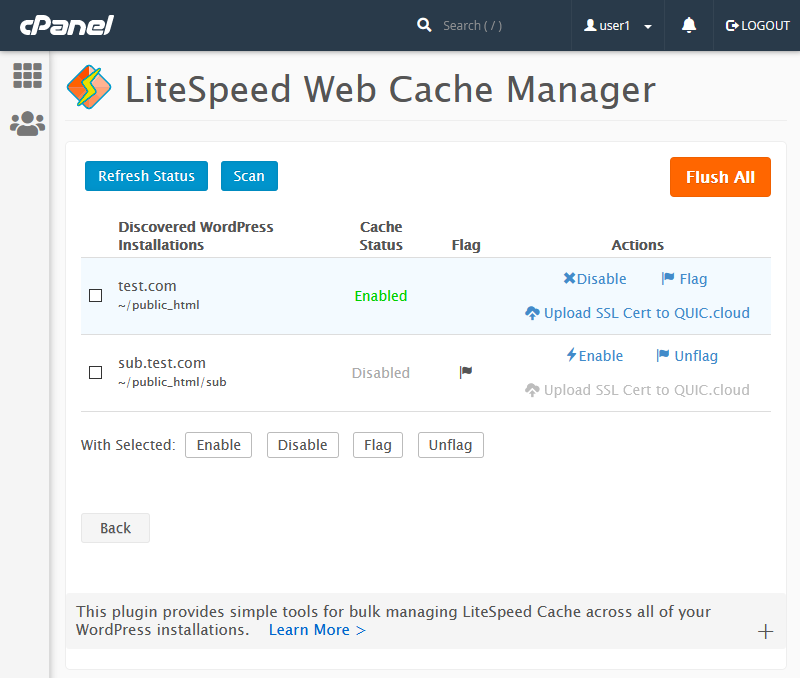 Giao diện web cache mà Litespeed hiển thị khi được tích hợp trong cPanel Hosting.