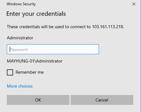 Của sổ Windows Security nơi nhập Username và Password